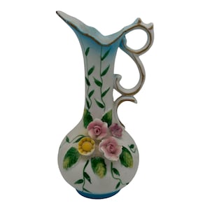 VTG Interpur Blue Vase Pitcher~Raised Flower Design~Bisque Porcelain~Taiwan~5”