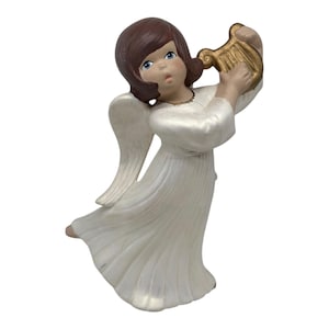 Vintage Atlantic Mold Ceramic Angel Playing Harp  12”  Pearlized Ivory Gold