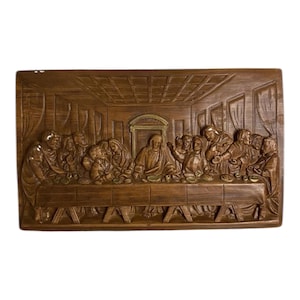 Vintage Brown Chalkware 3D The Last Supper Raised Relief Jesus Wall Hanging 13.5
