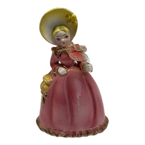 Vintage Beautiful Blonde Hair Yellow Bonnet Lady Figurine Holding Butterfly 6” T