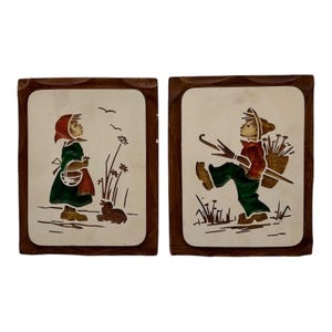 Vintage Boy and Girl Chalk Ware Wandbilder Modern Art Co Cut-In Bilder 1966