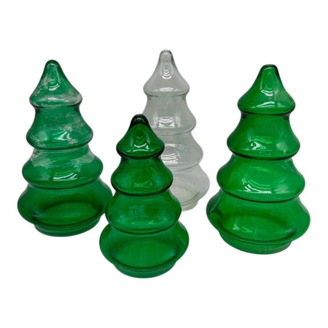 4 Vintage Glass Fillable Christmas Trees~3 Green 1 Clear~plastic Bottom ...
