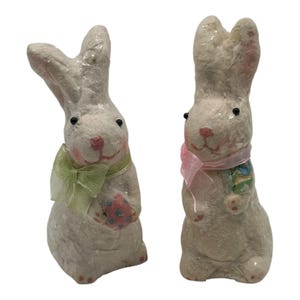 Vintage 2 Paper Mache Bunny Rabbit Figurines   White W/ Mica  Easter Spring 4.5”