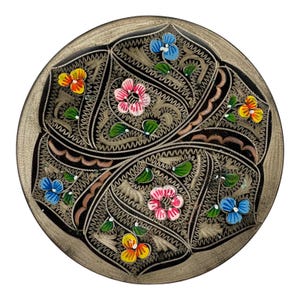 Vintage Hand Painted Bronze Copper Metal Small Hanging Plate  7.5” Diameter