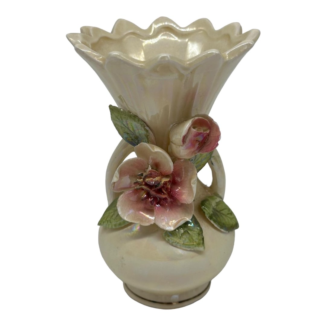 Vintage Norcrest Iridescent White Porcelain Applied Flowers 4.5