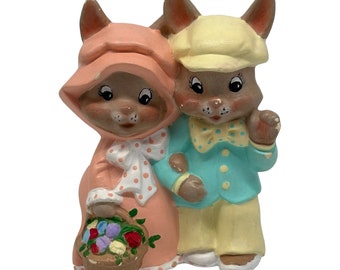 Coniglietti in ceramica vintage, statuetta di coniglietti maschi e femmine, dipinti a mano, pasquali
