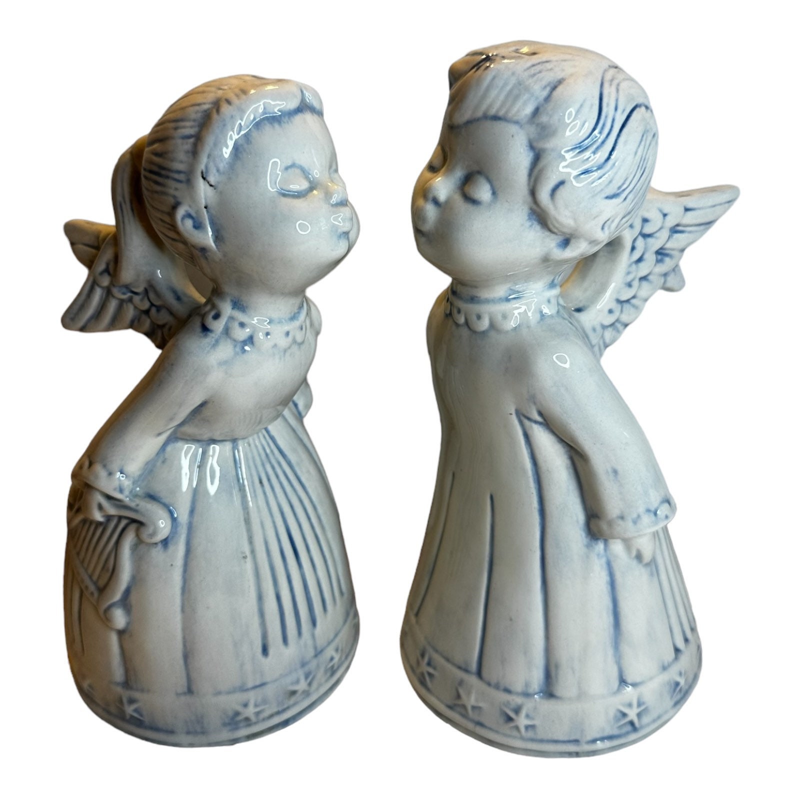 ヴィンテージ 手描き 陶器 キス天使の置物 ハープ 高さ 7.5 インチ