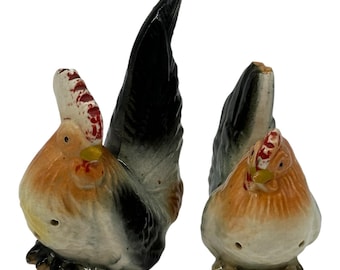 Vintage Rooster & Hen Solniczka i pieprzniczka Figurki kurczaka 3” i 4” wysokości
