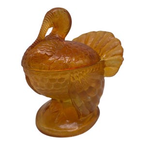 Prato de enfeites para doces de peru em vidro âmbar LE Smith vintage de meados do século