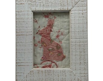 Handmade Textile Bunny Easter Art In Shabby Frame Vtg English Cutter Quilt Piece