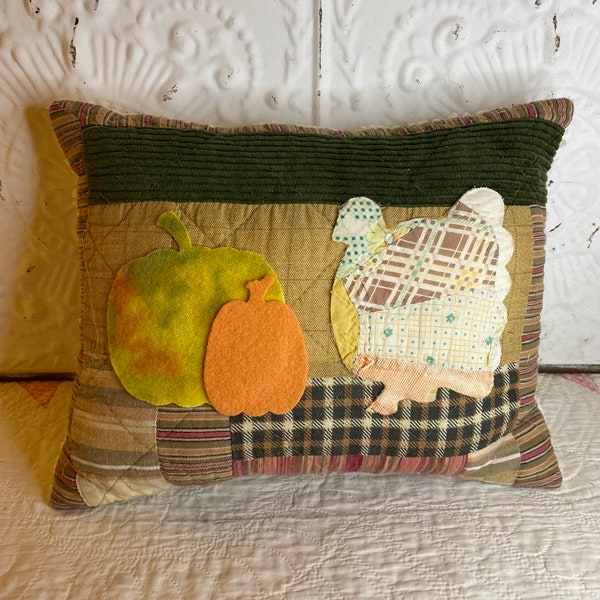 NEW Handmade Turkey & Pumpkins Pillow Repurposed Vintage Quilt Vintage Chenille Bedspread Autumn Fall Decor