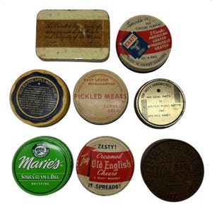 8 Vintage Jar Lids~Royal Baking Powder~Pickled Meats~Marie’s Dressing~Kraft