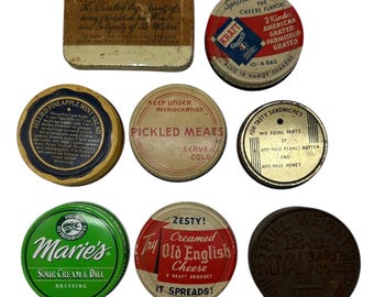 8 Vintage Jar Lids~Royal Baking Powder~Pickled Meats~Marie’s Dressing~Kraft
