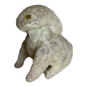 Bunny Rabbit Figurine Straw Sisal Jute  Beige W/ Mint Bow  7.5”  Easter Spring
