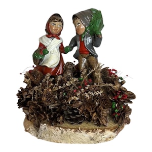 Vintage Ceramic Girl Puppy Boy Carrying Tree Christmas Figurine Birch Pine Cones
