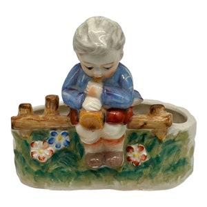 Vintage Ceramic Planter Hummel Like Boy Figurine Sitting on Fence Playing Horn