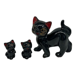 Vintage RARE Mini Redware Black Kitty Cat Figurine & 2 Kittens~Novelty Co. Japan