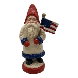 VTG Ceramic Belsnickel 8&quot; PATRIOTIC SANTA Folk Art Figurine  Santa’s Workbench
