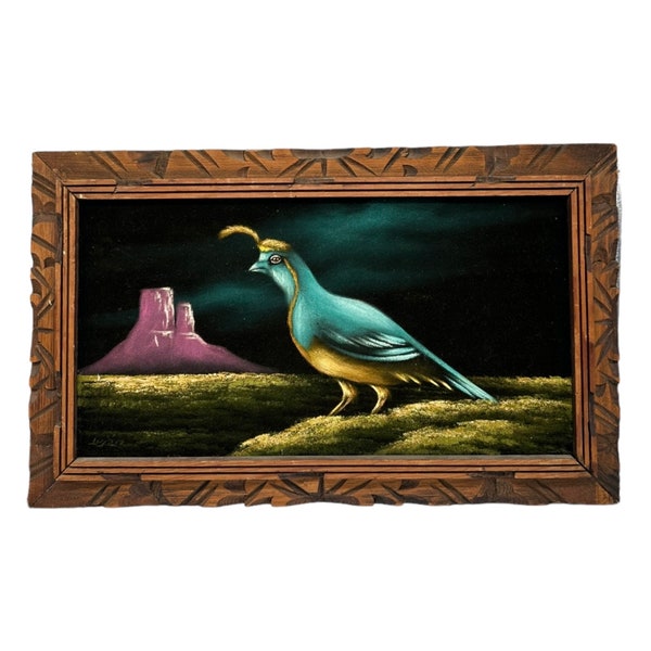 Vintage Beautiful Bird Velvet Painting  Carved Wood Frame  23” x 14”  Mexico