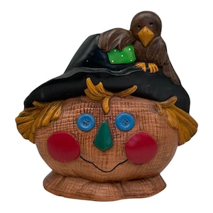 Espantapájaros de cerámica vintage de 9&quot; de alto con forma de cabeza y cuervo pintados a mano para Halloween otoñal