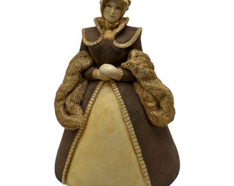 Vintage Marty Sculpture Lady Bell Figurine Martha Carey Suede-Like Coat  7” Tall