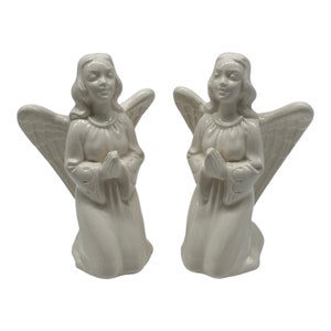 2 Vintage Ceramic Praying Kneeling Girl Angel Figurines  Hand Painted White 5” Tall