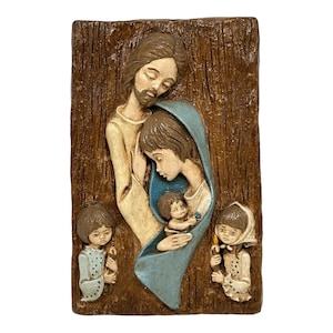 Vintage Modern Plaster Chalkware Mary Joseph Baby Jesus Wall Plaque  6” x 9”