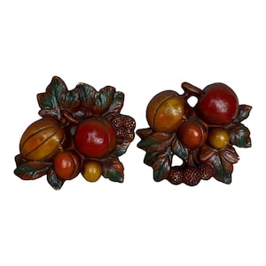 Vintage Set of 2 Chalkware Fruit Wall Plaques  Kitchen Decor  Hand Painted