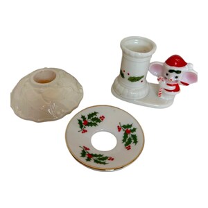 Vintage Lot Of 3 LENOX Mouse and Holly Christmas Candle Holders & Drip Catcher