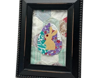 Handmade Textile Bunny Easter Art In Shabby Frame Vtg English Cutter Quilt Piece