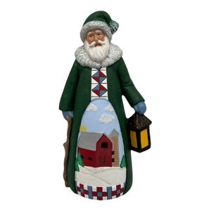 Vintage Hand Painted Ceramic Figurine~Home Spun Santa W/Barn Scene & Lantern 10”
