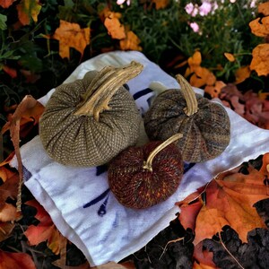 NEW Set Of 3 Handmade Fall Autumn Wool & Sweater Fabric Pumpkins Halloween Cute!