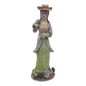 Vintage Porcelain Victorian Lady in Dress & Hat W/ Flowers~Spaghetti Ribbon Trim
