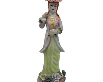 Vintage Porcelain Victorian Lady in Dress & Hat W/ Flowers~Spaghetti Ribbon Trim