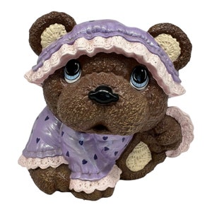 Vintage Ceramic Brown Teddy Bear Figurine~Purple Heart Pajamas~Hand Painted 7.5”