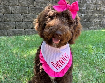 Girly Pink Striped Ruffle Bandana, Custom Embroidered Dog Bandana