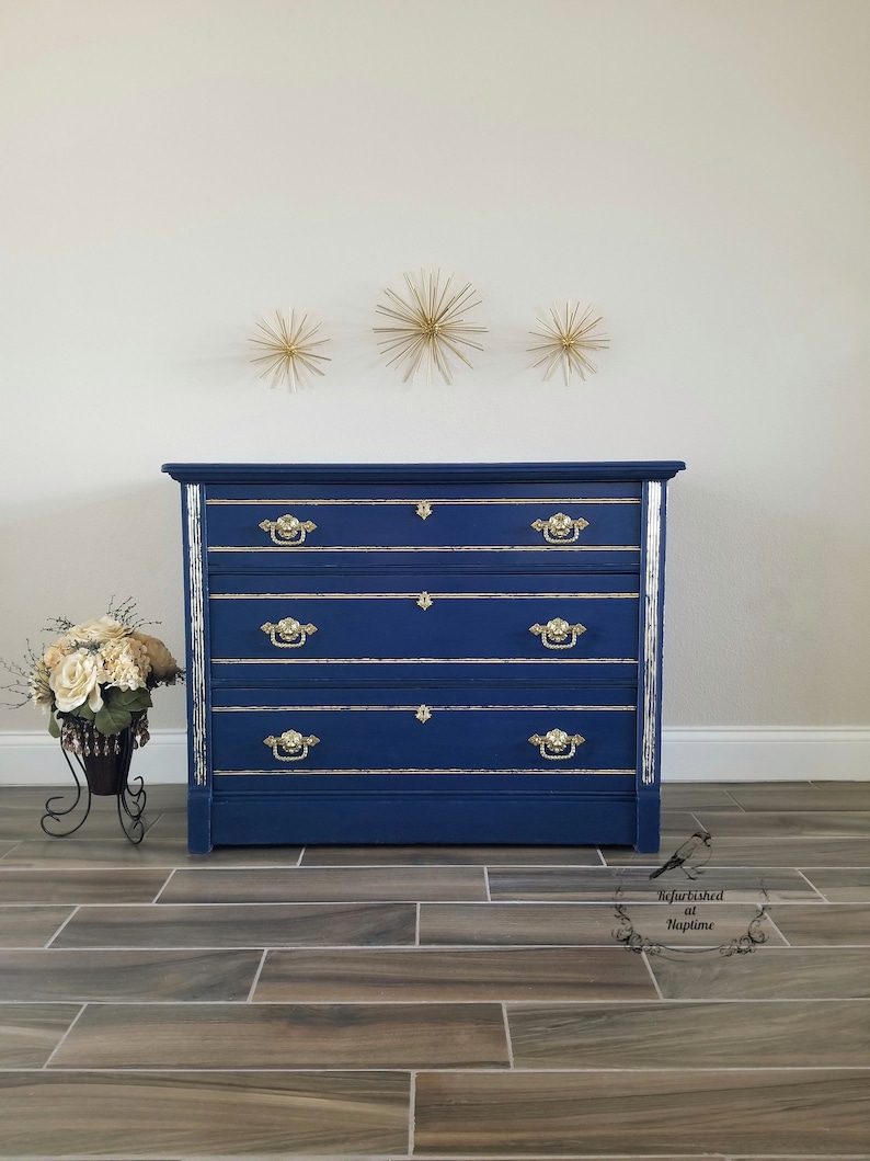 Early Century Slatback 3 Drawer Dresser In Royal Blue And Gold Etsy