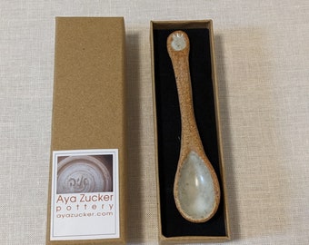 Handmade ceramic spoon, 4.5" long with pomegranate decoration