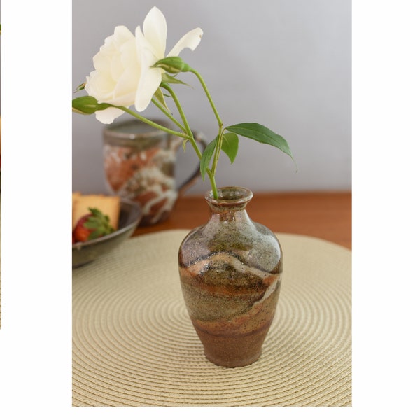 Small one of a kind ceramic hand thrown vase, bud vase, bottle shaped flower vase.
