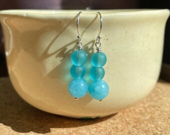 Blue Jade Earrings, Blue Jade and Blue Sea Glass Earrings, Teal Blue Jade Earrings, Natural Jade Earrings, Teal Earrings, Sea Glass Earrings