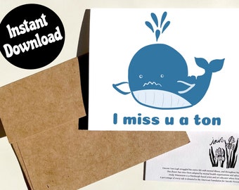 Printable Miss You Card, Downloadable Miss You Card, Funny Miss You Card, Digital Miss You Card, Funny Whale Card, Whale Pun Card, Funny Pun