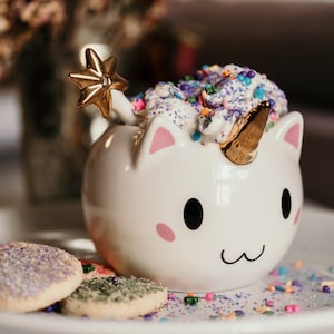 Kawaii Unicorn Mug - Handmade 16 oz Oversized Ceramic Caticorn Mug and Spoon Gift Set