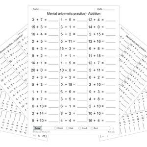 May include: A black and white worksheet with the title "Mental arithmetic practice - Addition". The worksheet has 20 addition problems with blank spaces for answers. The problems are arranged in two columns. The worksheet also includes a review section with a scale from worst to best.