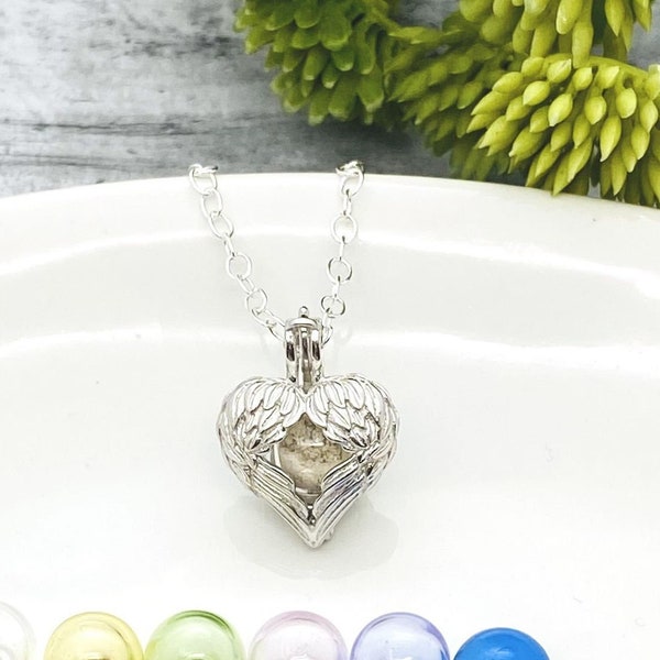 Angel Wing Cremation Necklace, Sterling Silver Locket Urn Pendant With Glass Orb, Ashes Jewelry, Heart Cremains Locket, Cremate Capsule