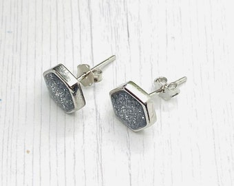 Silver Hexagon Earrings For Ashes, Dainty Cremation Earrings, Memorial Jewelry, Pet Cremains, Unique Memorial Earrings