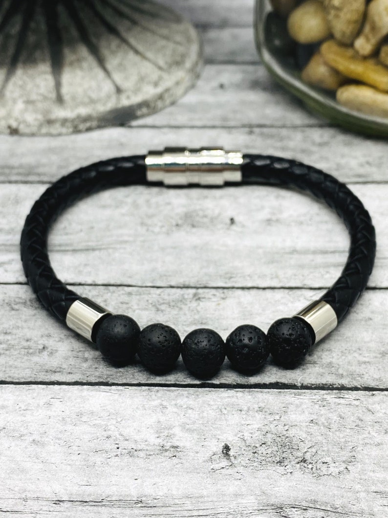 Men's Leather Cremation Bracelet, Unisex Ash Urn Bracelet, Lava Stone and Tiger's Eye, Human Ash Jewelry, Pet Memorial Bracelet image 2