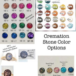 May include: A color chart for cremation stones featuring various mica powder shades, shimmer foil colors labeled SF-1 through SF-19, and opal options including Sand, Aquamarine, Fire, Pink, and Cobalt. The display includes rings with stone inserts.
