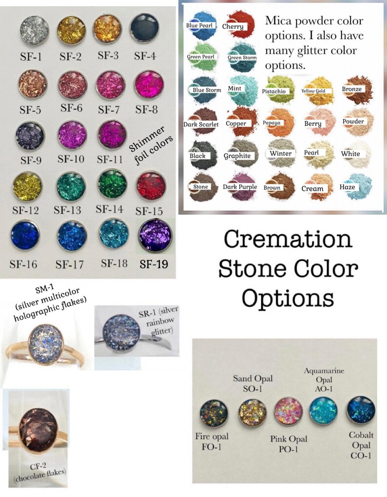 May include: A color chart for cremation stones featuring various mica powder shades, shimmer foil colors labeled SF-1 through SF-19, and opal options including Sand, Aquamarine, Fire, Pink, and Cobalt. The display includes rings with stone inserts.