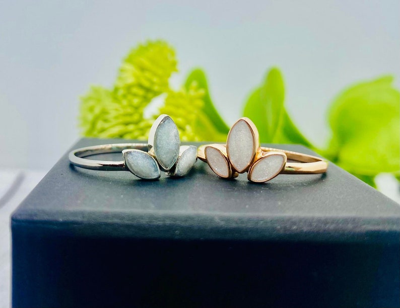 K&ouml;nnte beinhalten: Zwei Ringe aus Silber und Gold mit wei&szlig;en Steinbes&auml;tzen in Form von Bl&auml;ttern. Die Ringe werden auf einer schwarzen Schachtel mit gr&uuml;nem Blattwerk im Hintergrund pr&auml;sentiert.