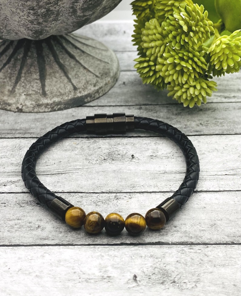 Men's Leather Cremation Bracelet, Unisex Ash Urn Bracelet, Lava Stone and Tiger's Eye, Human Ash Jewelry, Pet Memorial Bracelet image 3